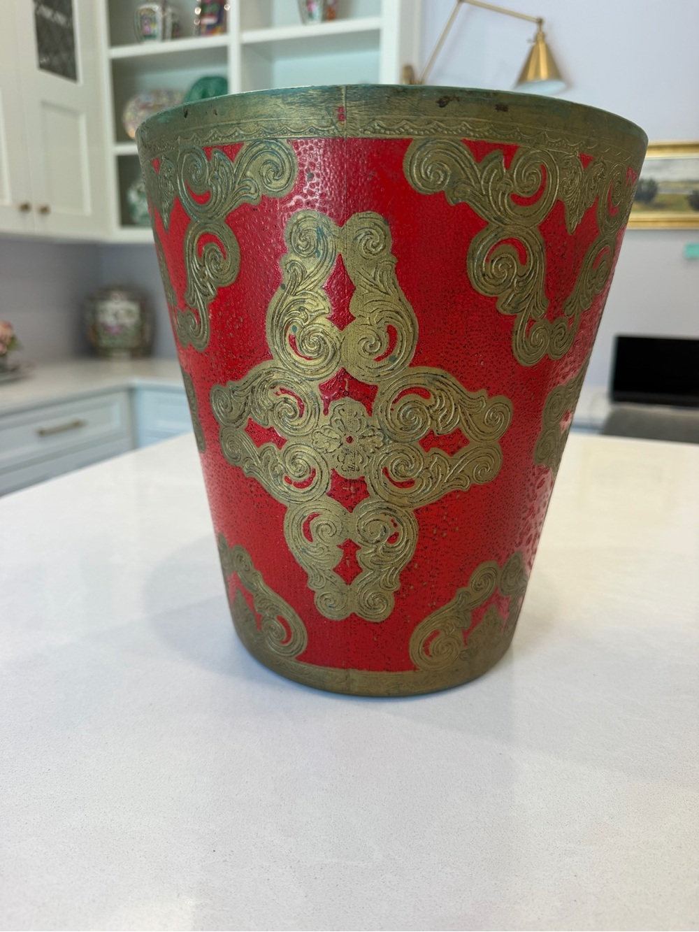 Vintage Florentine Italian gold and red trashcan. Made in Italy